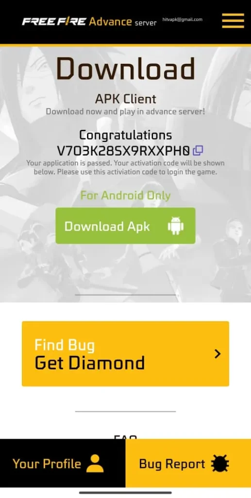 free fire advance server registration code