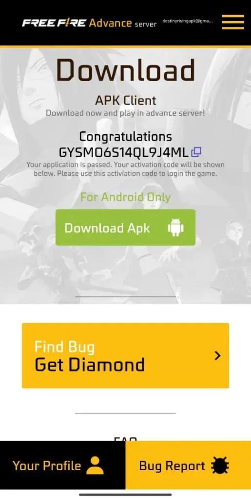 free fire advance server registration code