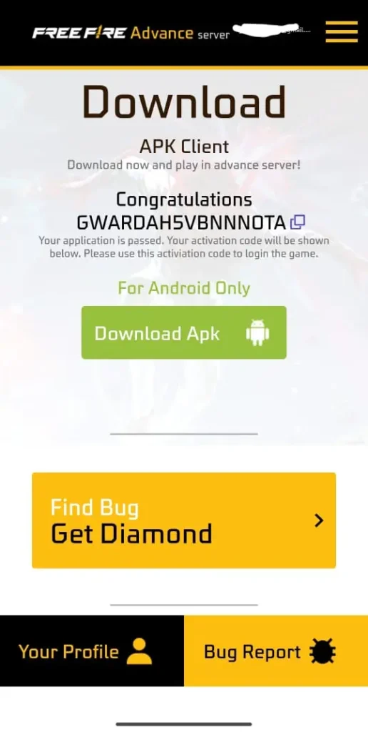 free fire advance server ob52 registration code