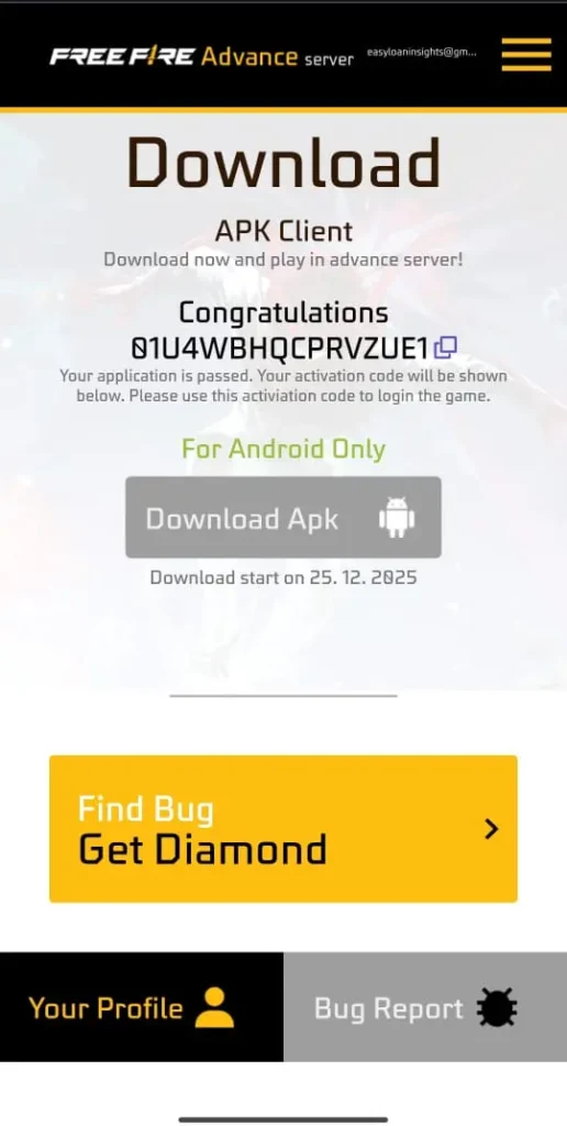 free fire advance server ob52 registration code