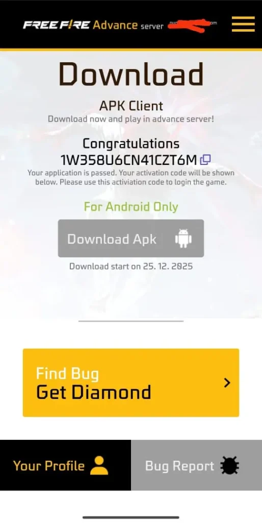 free fire advance server ob52 registration code