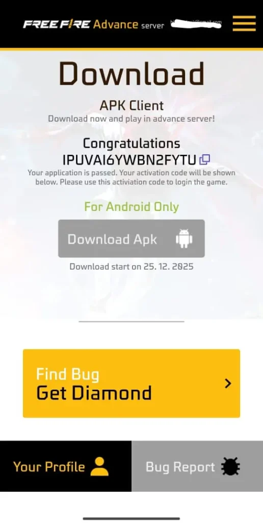 free fire advance server ob52 registration code